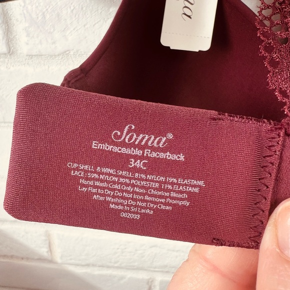 NWT Soma Embraceable Lace Underwire Lined Racerback Bra 34 C Fig maroon #0612 - Picture 8 of 11